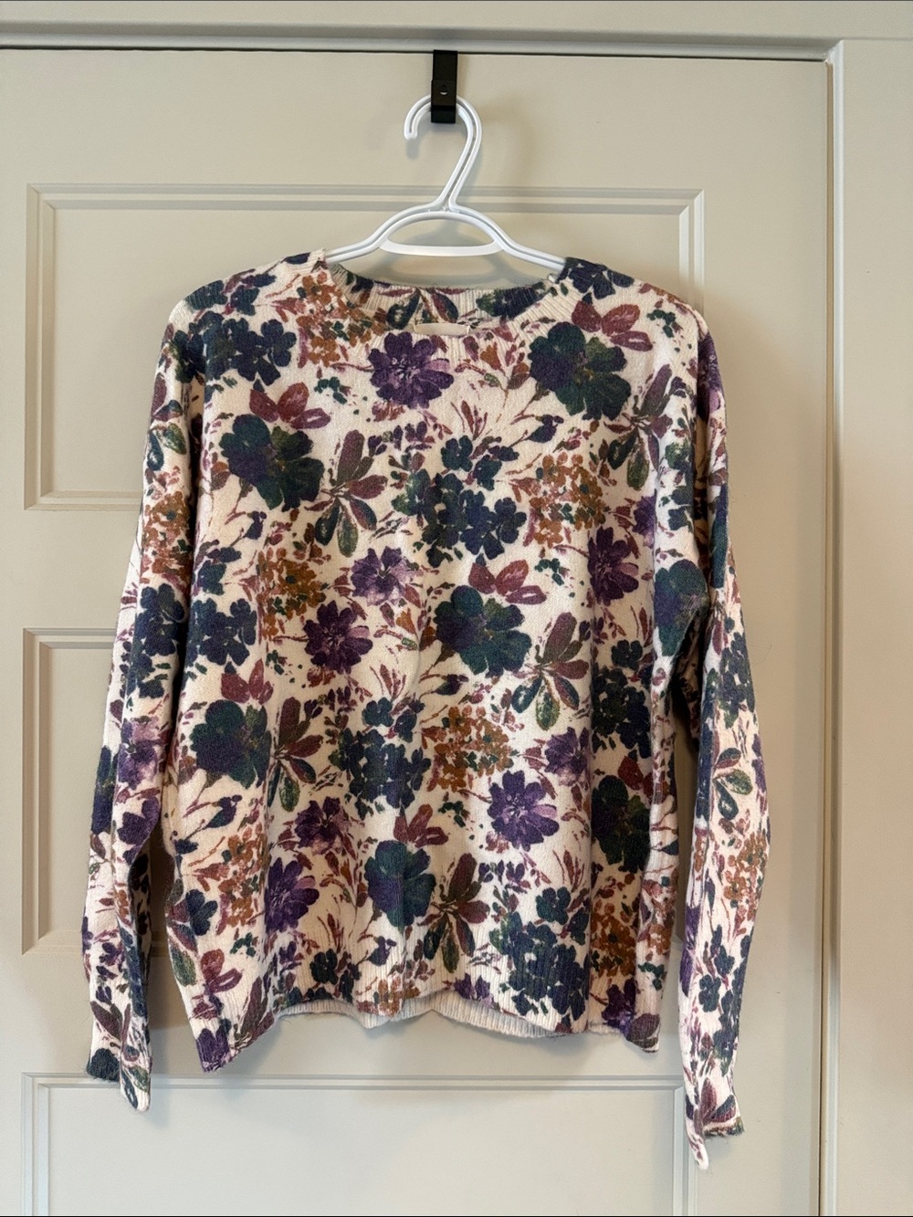 Floral Crewneck Sweater in Cream with Purple & Green Print